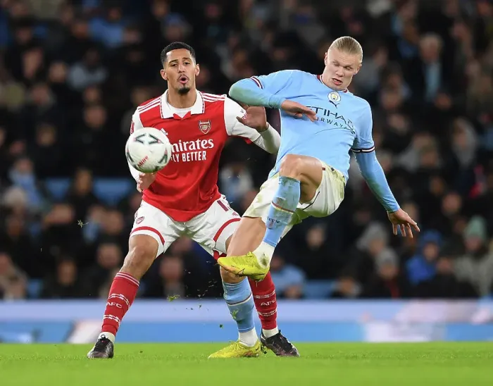 Framed Print : Clash of Titans: Saliba's Defiant Stand Against Haaland in FA Cup Showdown (Manchester City vs Arsenal, 2022-23)