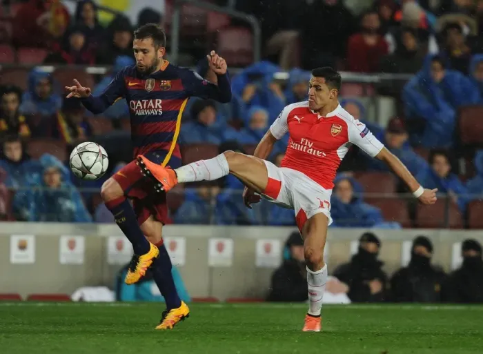 Framed Print : Clash of Titans: Sanchez vs. Alba - UEFA Champions League Showdown between Barcelona and Arsenal