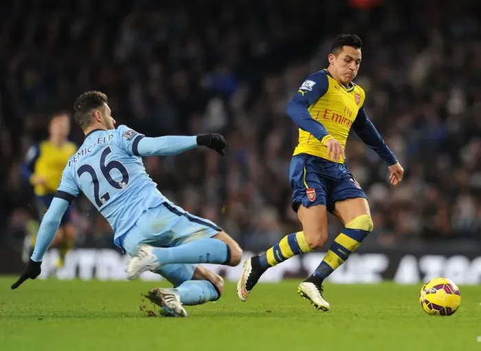 Framed Print : Clash of Titans: Sanchez vs. Demichelis - Manchester City vs. Arsenal, Premier League 2014-15 Framed Print : Clash of Titans: Sanchez vs. Demichelis - Manchester City vs. Arsenal, Premier League 2014-15