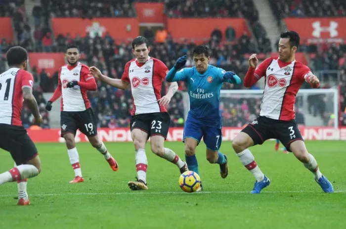 Framed Print : Clash of Titans: Sanchez vs Southampton's Defenders in Premier League Showdown Framed Print : Clash of Titans: Sanchez vs Southampton's Defenders in Premier League Showdown