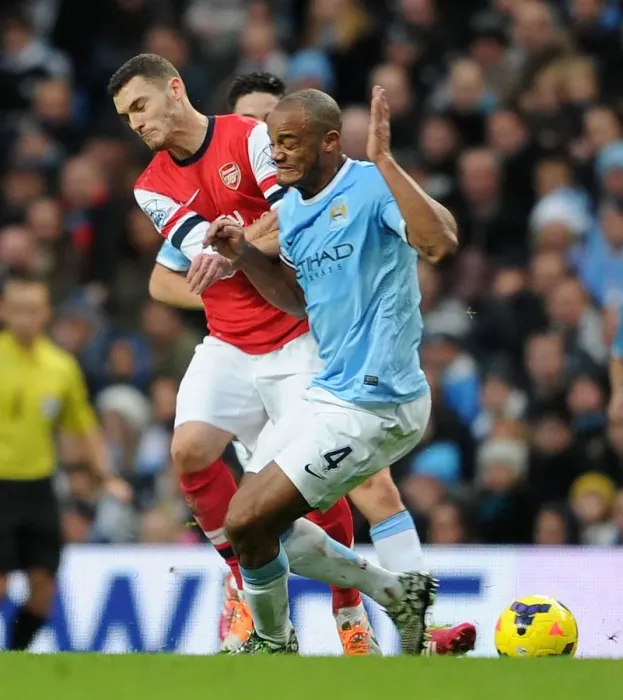 Framed Print : Clash of Titans: Vermaelen vs. Kompany - Manchester City vs. Arsenal, Premier League, 2013