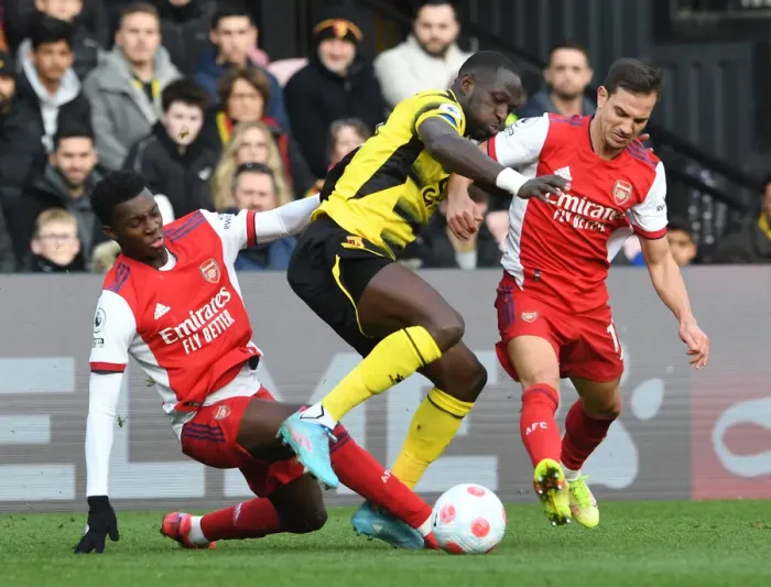 Framed Print : Clash at Vicarage Road: Arsenal vs. Watford, Premier League 2021-22 - Nketiah and Soares Go Head-to-Head Against Sissoko