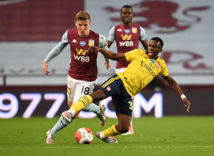 Framed Print : Clash at Villa Park: Nketiah vs. Targett in Premier League Showdown (Aston Villa vs. Arsenal, 2019-20)
