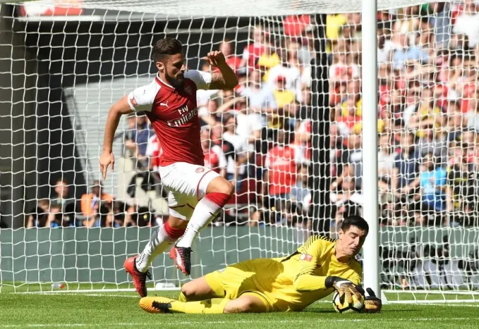 Framed Print : Clash at Wembley: Giroud vs. Courtois in the FA Community Shield Showdown Framed Print : Clash at Wembley: Giroud vs. Courtois in the FA Community Shield Showdown