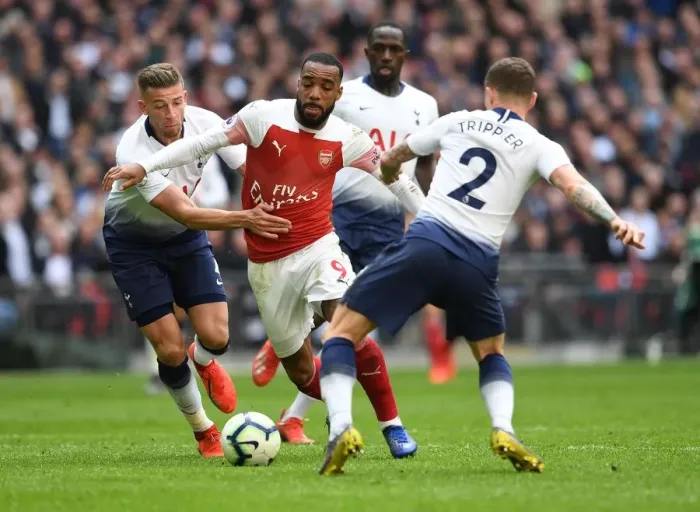 Framed Print : Clash at Wembley: Lacazette Faces Off Against Alderweireld and Trippier