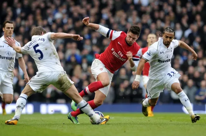 Framed Print : Clash at White Hart Lane: Giroud vs. Vertonghen and Assou-Ekotto (Tottenham vs. Arsenal, 2012-13)