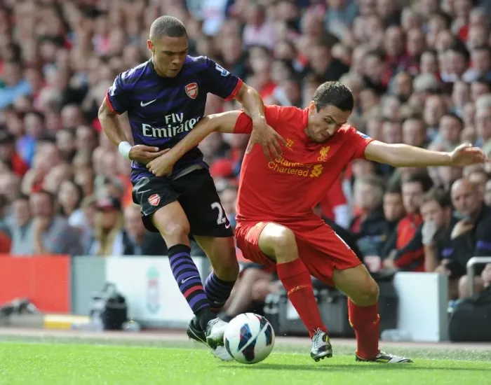 Framed Print : Clash of Wings: Gibbs vs. Downing - Premier League Battle, Liverpool vs. Arsenal, 2012-13 Framed Print : Clash of Wings: Gibbs vs. Downing - Premier League Battle, Liverpool vs. Arsenal, 2012-13