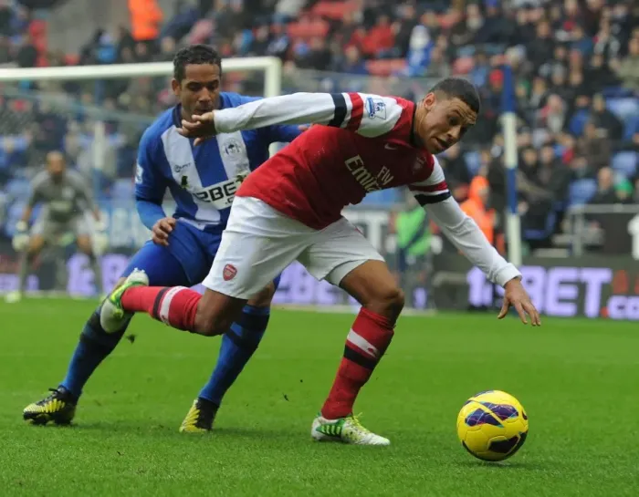 Framed Print : Clash of Wings: Oxlade-Chamberlain vs. Beausejour in Wigan Athletic vs. Arsenal