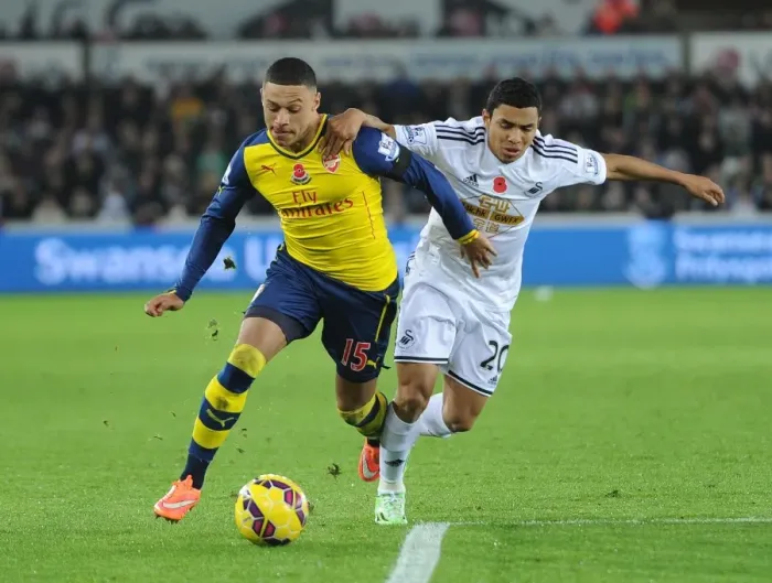 Framed Print : Clash of Wings: Oxlade-Chamberlain vs Montero in Swansea v Arsenal (2014-15)