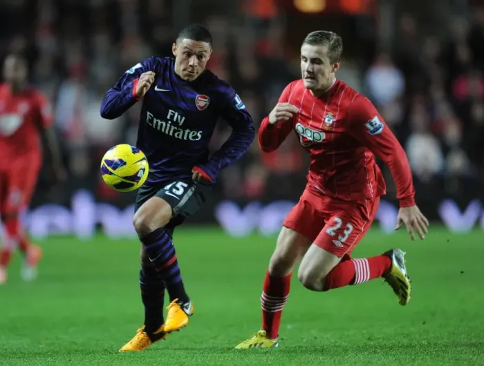 Framed Print : Clash of Young Talents: Oxlade-Chamberlain vs Shaw, Southampton vs Arsenal, Premier League 2012-13