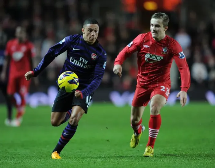 Framed Print : Clash of Young Talents: Oxlade-Chamberlain vs Shaw, Southampton vs Arsenal, Premier League 2012-13