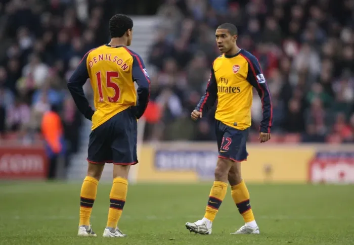 Framed Print : Clichy and Denilson Lead Arsenal to Victory: Stoke City 1-2 Arsenal, Premier League, 2008
