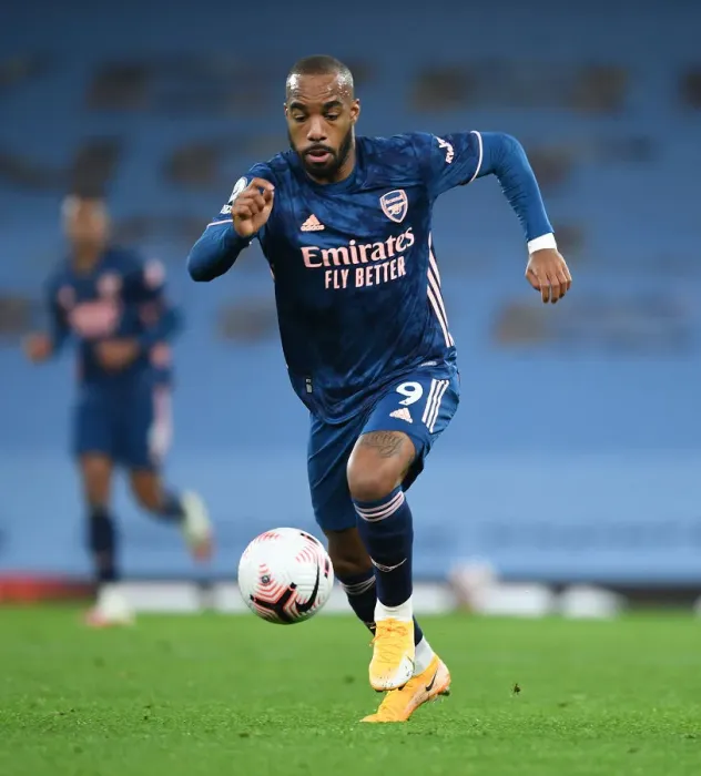 Framed Print : Behind Closed Doors: Alex Lacazette at Etihad Stadium - Arsenal vs. Manchester City, Premier League 2020-21