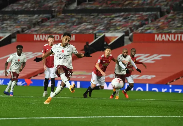 Framed Print : Behind Closed Doors: Aubameyang Scores for Arsenal vs Manchester United, 2020-21