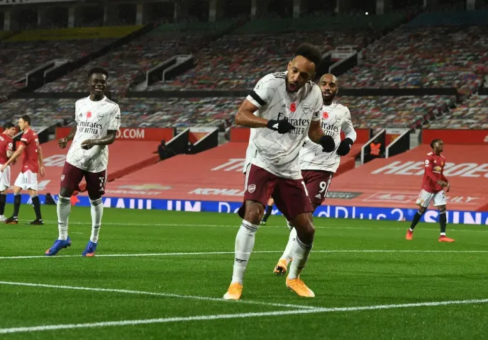 Framed Print : Behind Closed Doors: Aubameyang Scores the Winner for Arsenal against Manchester United in the 2020-21 Premier League