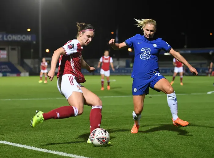 Framed Print : Continental Cup Showdown: Chelsea Women vs. Arsenal Women - A Football Rivalry at Kingsmeadow