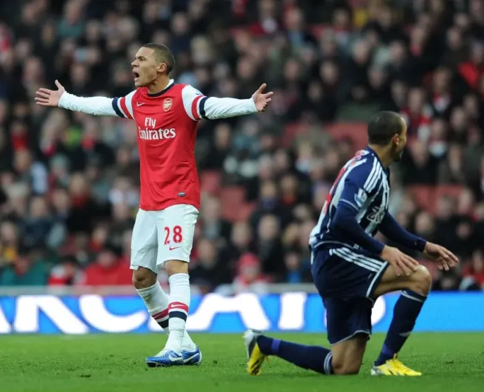 Framed Print : Controversial Clash: Kieran Gibbs and Peter Odemwinge's Altercation at Arsenal vs. West Bromwich Albion, Premier League, 2012