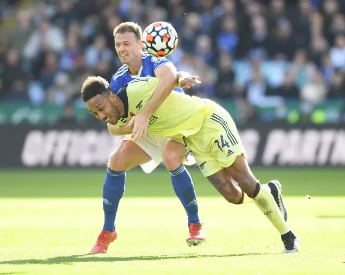 Framed Print : Controversial Foul: Aubameyang vs. Evans - Leicester vs. Arsenal, Premier League 2021-22 Framed Print : Controversial Foul: Aubameyang vs. Evans - Leicester vs. Arsenal, Premier League 2021-22