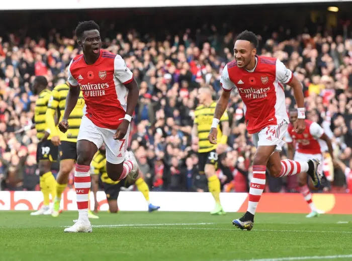 Framed Print : Controversial Offside Goal Disallowance: Saka and Aubameyang's Celebration (Arsenal vs. Watford, 2021-22)