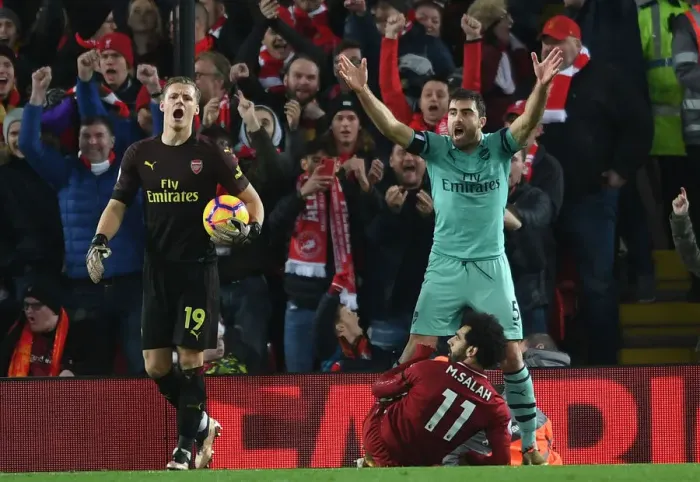 Framed Print : Controversial Penalty Call: Sokratis and Leno Protest as Mo Salah Scores for Liverpool Against Arsenal