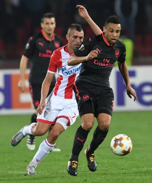 Framed Print : Coquelin Battles Past Krsticic: Arsenal vs Crvena Zvezda, Europa League 2017