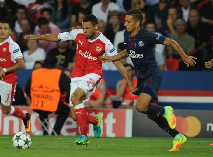 Framed Print : Coquelin Overcomes Marquinhos: A Pivotal Moment in Arsenal's UEFA Champions League Battle against Paris Saint-Germain, 2016-17 Framed Print : Coquelin Overcomes Marquinhos: A Pivotal Moment in Arsenal's UEFA Champions League Battle against Paris Saint-Germain, 2016-17