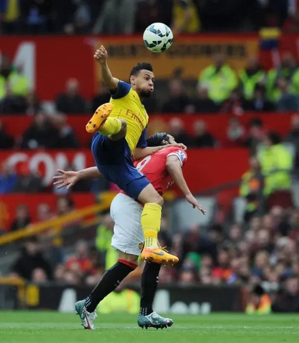 Framed Print : Coquelin Soars Over Falcao: Manchester United vs. Arsenal, Premier League 2014-15