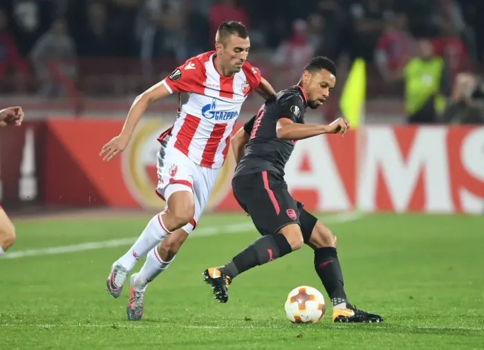 Framed Print : Coquelin vs. Krsticic: Battle in the Europa League between Arsenal's Francis Coquelin and Red Star's Nenad Krsticic