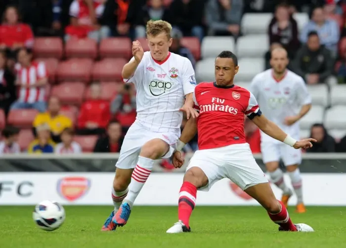 Framed Print : Coquelin vs Ward-Prowse: Clash in the Pre-Season Friendly between Southampton and Arsenal Framed Print : Coquelin vs Ward-Prowse: Clash in the Pre-Season Friendly between Southampton and Arsenal