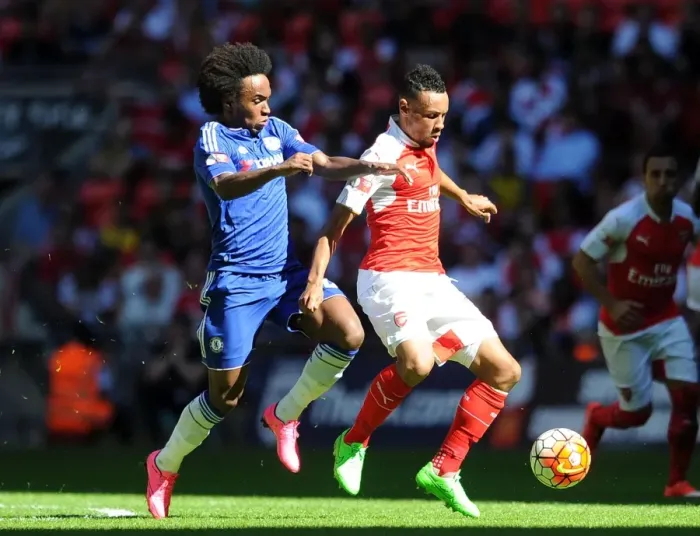 Framed Print : Coquelin vs. Willian: A Footballing Battle in the FA Community Shield Clash Between Arsenal and Chelsea