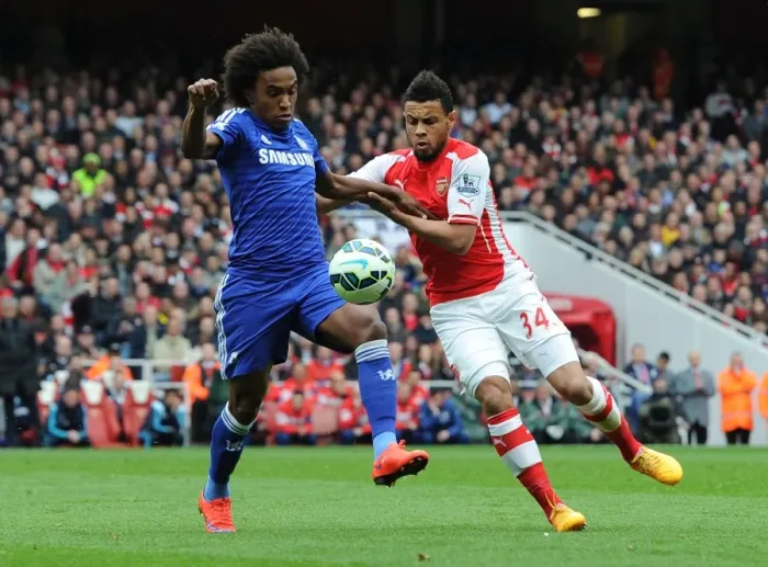 Framed Print : Coquelin vs. Willian: Intense Rivalry at the Emirates - Arsenal vs. Chelsea, Premier League 2014 / 15