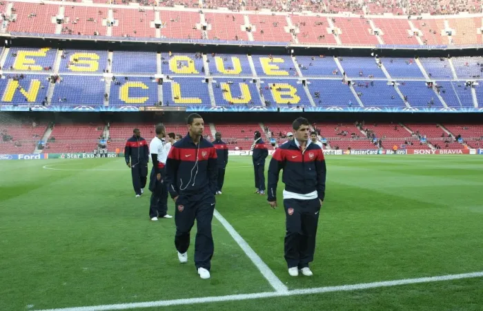 Framed Print : Craig Eastmond and Fran Merida (Arsenal). Barcelona 4: 1 Arsenal. UEFA Champions League