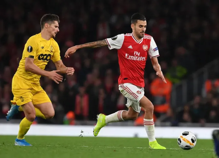 Framed Print : Dani Ceballos in Action: Arsenal vs. Standard Liege, Europa League 2019-20
