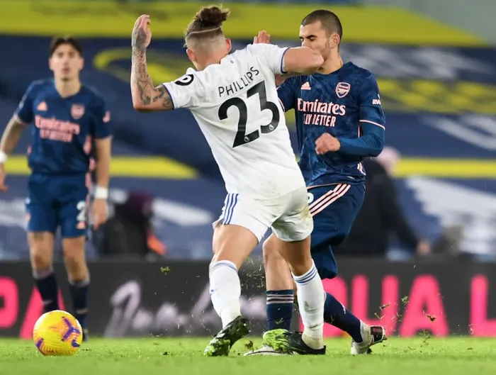 Framed Print : Dani Ceballos Fouled by Kalvin Phillips: Leeds United vs. Arsenal, Premier League 2020-21