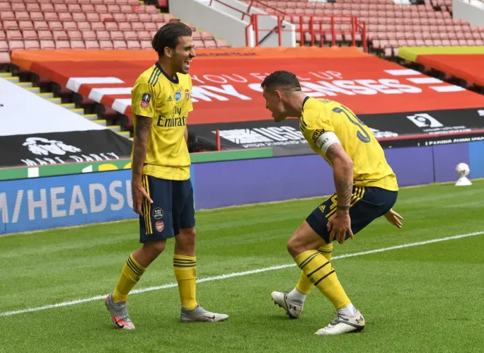 Framed Print : Dani Ceballos and Granit Xhaka Celebrate Arsenal's FA Cup Quarterfinal Goals vs Sheffield United