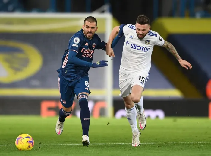 Framed Print : Dani Ceballos vs. Stuart Dallas: Clash of the Midfielders - Leeds United vs. Arsenal, Premier League 2020-21