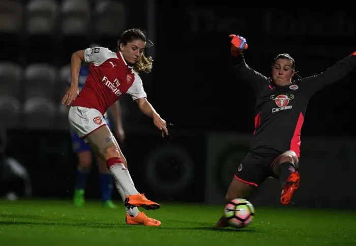 Framed Print : Danielle van de Donk Scores Stunning Goal Past Mary Earps in Arsenal Women's Win over Reading Framed Print : Danielle van de Donk Scores Stunning Goal Past Mary Earps in Arsenal Women's Win over Reading