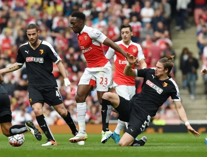 Framed Print : Danny Welbeck Scores Thrilling Goal Past Sebastian Prodl in Arsenal's Victory over Watford (April 2016)