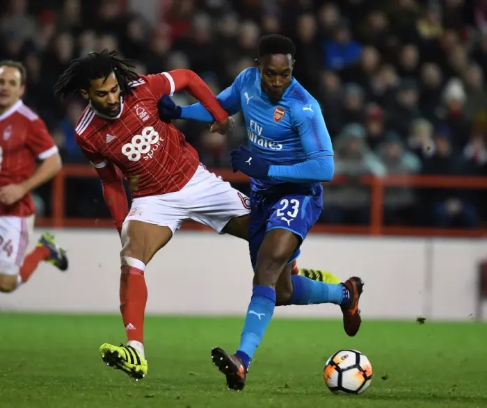 Framed Print : Danny Welbeck vs Armand Traore: Clash in the FA Cup Third Round - Nottingham Forest vs Arsenal