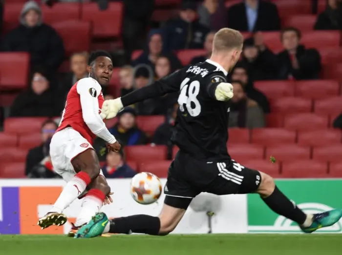 Framed Print : Danny Welbeck vs. Denis Scherbitski: Battle at the Emirates - Arsenal FC vs. BATE Borisov, UEFA Europa League