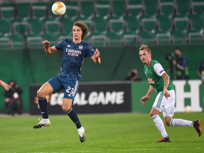Framed Print : David Luiz in Action: Arsenal vs Rapid Vienna, UEFA Europa League 2020-21