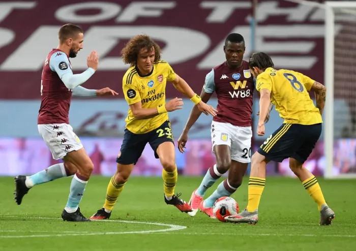 Framed Print : David Luiz Clashes with Hourihane and Samatto in Aston Villa vs. Arsenal Premier League Showdown Framed Print : David Luiz Clashes with Hourihane and Samatto in Aston Villa vs. Arsenal Premier League Showdown
