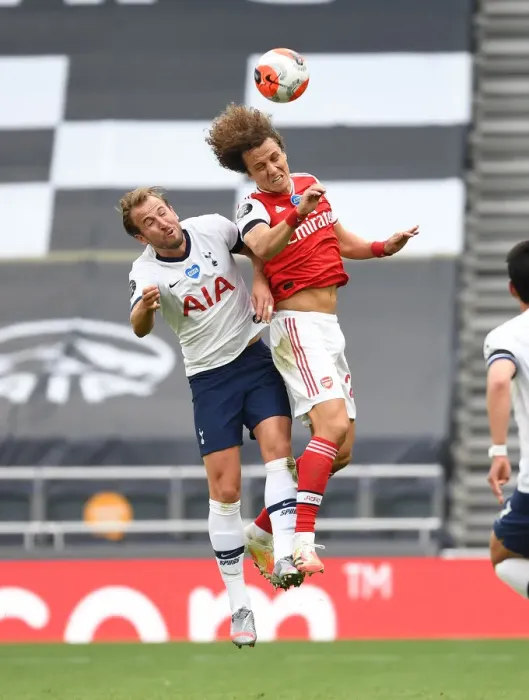 Framed Print : David Luiz Leaps Above Harry Kane: Tottenham vs. Arsenal, Premier League Clash (2019-20)
