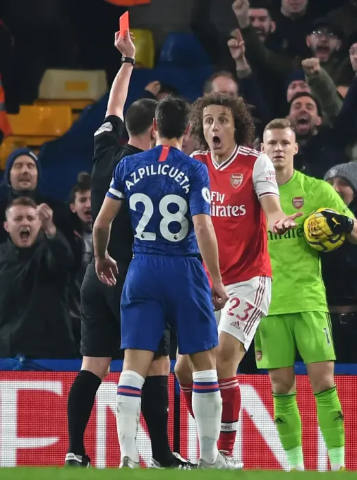 Framed Print : David Luiz Red Card: Dramatic Moment in Chelsea vs. Arsenal Premier League Clash (London, 2020)