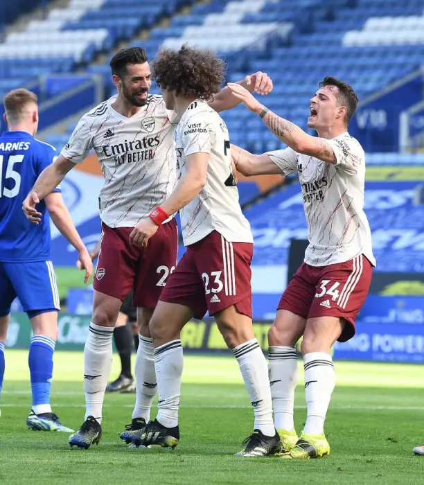 Framed Print : David Luiz Scores for Arsenal: Leicester City vs. Arsenal in the Premier League (2020-21)