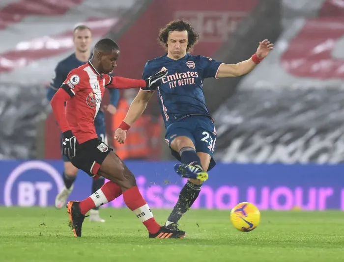 Framed Print : David Luiz vs Ibrahima Diallo: A Battle in Empty St Mary's Stadium - Southampton vs Arsenal, Premier League 2021 Framed Print : David Luiz vs Ibrahima Diallo: A Battle in Empty St Mary's Stadium - Southampton vs Arsenal, Premier League 2021