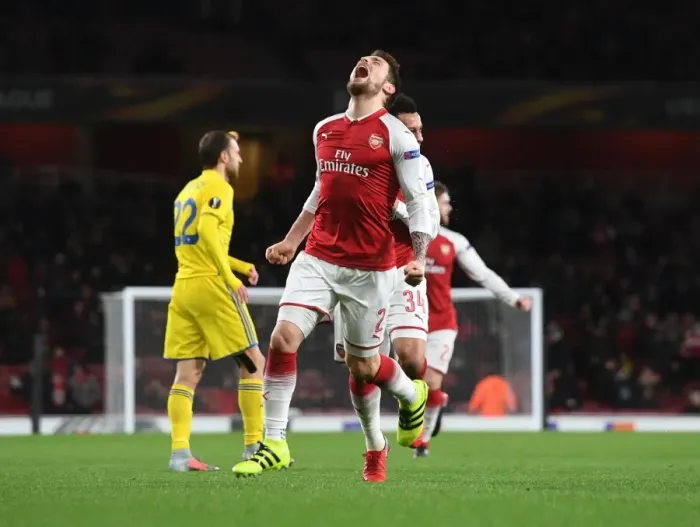 Framed Print : Debuchy Scores: Arsenal v BATE Borisov, UEFA Europa League