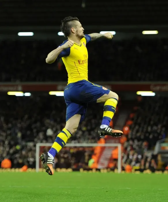 Framed Print : Debuchy Strikes: A Rare Goal for Arsenal at Anfield, 2014 / 15 Premier League Framed Print : Debuchy Strikes: A Rare Goal for Arsenal at Anfield, 2014 / 15 Premier League