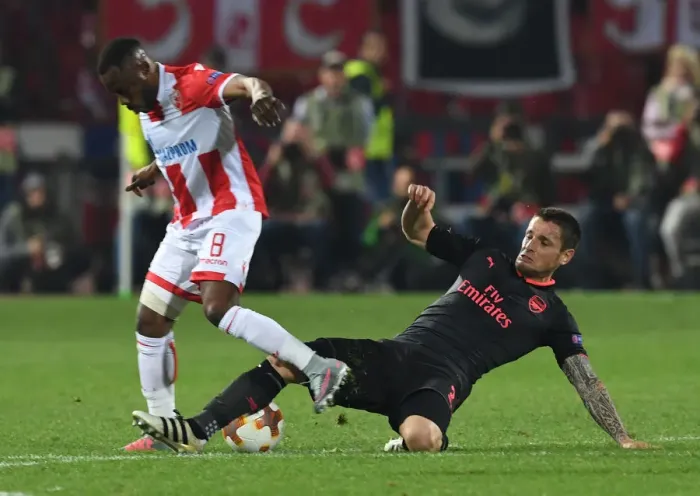 Framed Print : Debuchy vs Kanga: Clash in the Europa League Between Crvena Zvezda and Arsenal Framed Print : Debuchy vs Kanga: Clash in the Europa League Between Crvena Zvezda and Arsenal