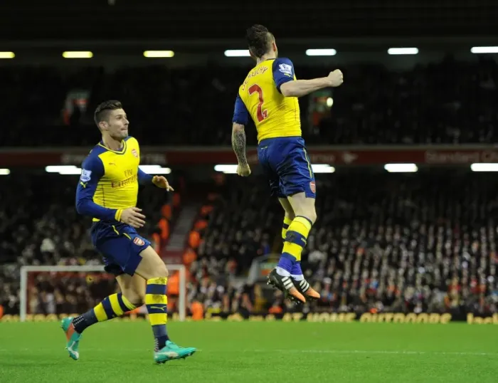 Framed Print : Debuchy's Stunner: Arsenal's Winning Goal at Anfield, Premier League 2014 / 15